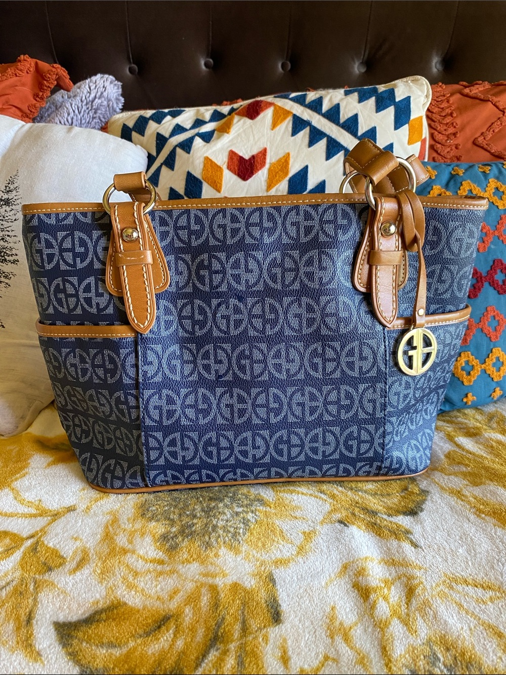 Giani Bernini Denim Patterned Tote with Tan Trim